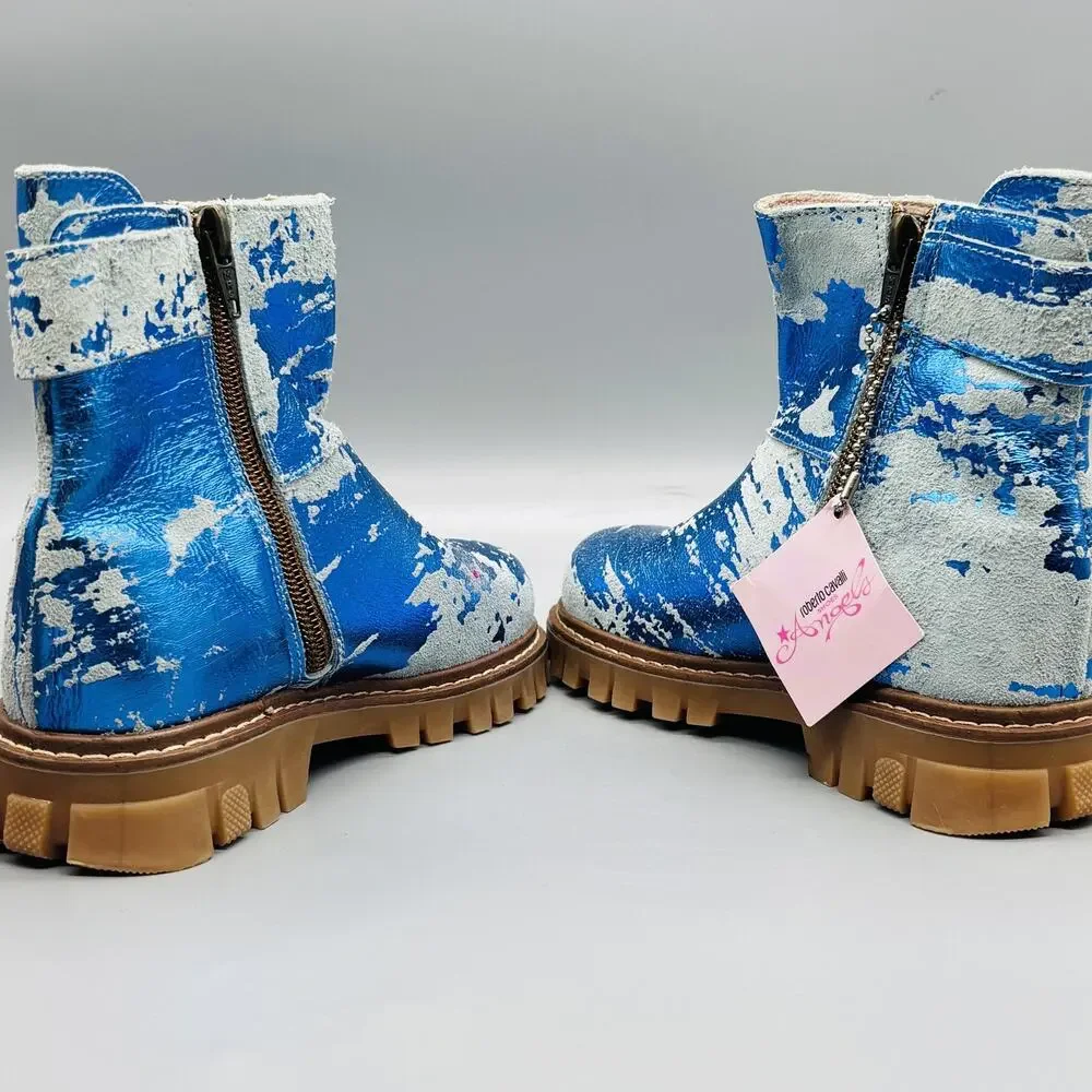 Roberto Cavalli Boots Girls 11 Blue Metallic Angels Combat Zipper Lug Sole Shoes